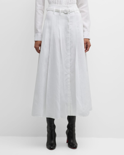 Gabriela Hearst Dugald Pleated Belted Linen Midi Skirt In White