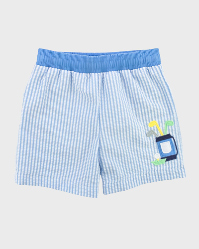 Florence Eiseman Kids' Boy's Seersucker Trunks W/ Golf Bag In Blue/white