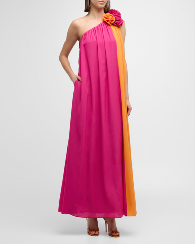 Liv Foster One-shoulder Colorblock Trapeze Maxi Dress In Orange Pink