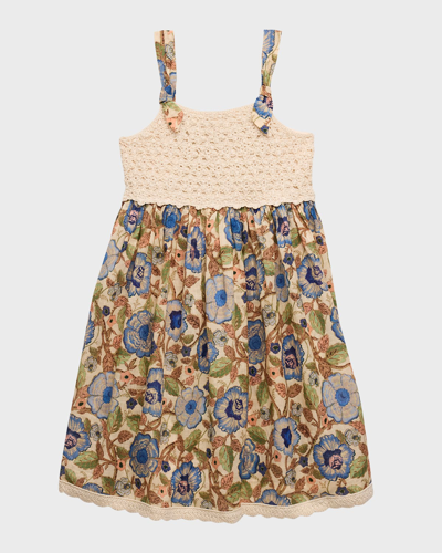 Zimmermann Kids' Girl's Junie Crochet Top Woven Dress In Multi