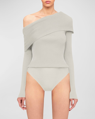 Wolford X Simkhai Asymmetric Ribbed One-shoulder Bodysuit In Ecrue