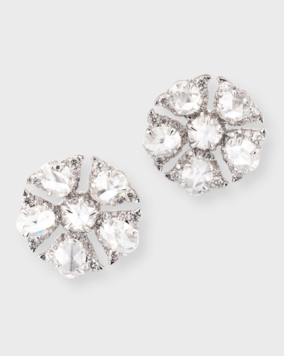 64 Facets 18k White Gold Tulip Stud Earrings With Oval And Round Rose Cut Diamonds In Metallic