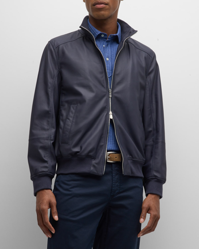 Brunello Cucinelli Zip-up Leather Bomber Jacket In Blue