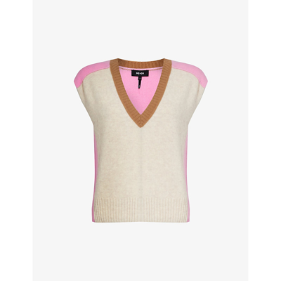 Me And Em Womens Oatmeal Multi Colour-block V-neck Wool And Cashmere-blend Knitted Vest