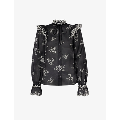 Me And Em Floral-print Cotton And Silk-blend Blouse In Black/light Cream