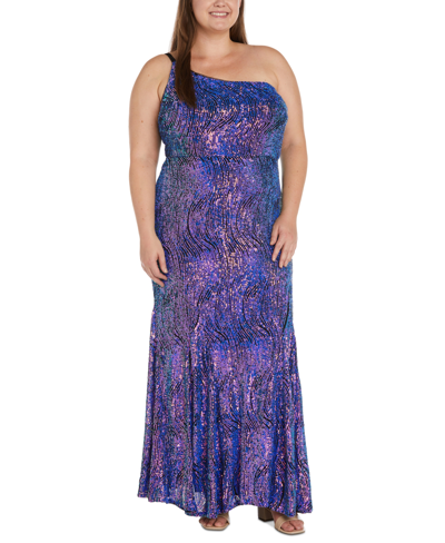 Morgan & Company Trendy Plus Size Sequined One-shoulder Gown In Black,purlpe