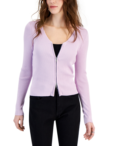 Hooked Up By Iot Juniors' Long-sleeve Scoop-neck Zip-front Sweater In Pale Lilac