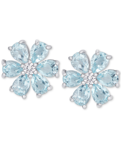 Macy's Blue Topaz (2-3/8 Ct. T.w.) & White Topaz Accent Flower Stud Earrings In Sterling Silver