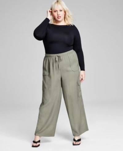 And Now This Now This Trendy Plus Size Boat Neck Long Sleeve Top Drawstring Waist Cargo Pants In Crushed Oregano
