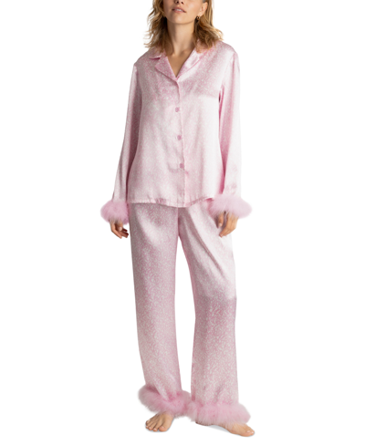 Linea Donatella Women's Marabou Feather Satin Pajama Set In Mellow Dot Pink