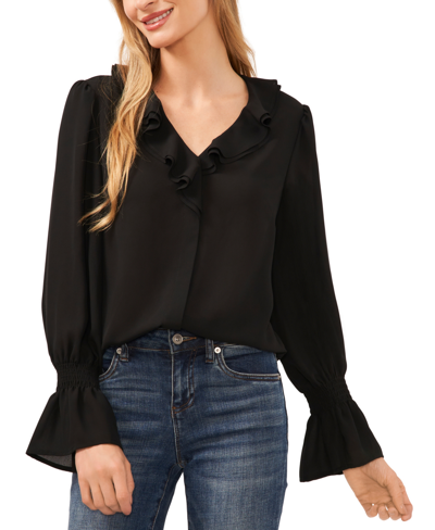 Cece Women's Long-sleeve Ruffled V-neck Blouse In Rich Black