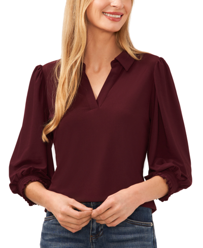 Cece Women's Collared V-neck Puff Shoulder 3/4-sleeve Top In Rich Cabernet