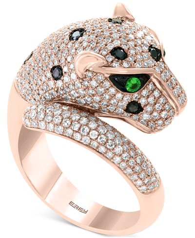 Effy Collection Effy Black & White Diamond (1-1/2 Ct. T.w.) & Tsavorite (1/20 Ct. T.w.) Signature Panther Ring In 14 In Rose Gold