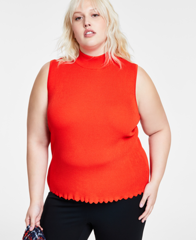 Bar Iii Plus Size Mock-neck Ribbed Scalloped-hem Top, Created For Macy's In Spice Orange
