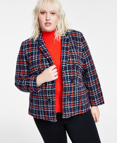 Bar Iii Plus Size Tweed Faux-double-breasted Blazer, Created For Macy's In Deep Blue Multi