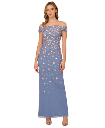 Adrianna Papell Off-the-shoulder 3-d Beaded Gown In French Blue Coral