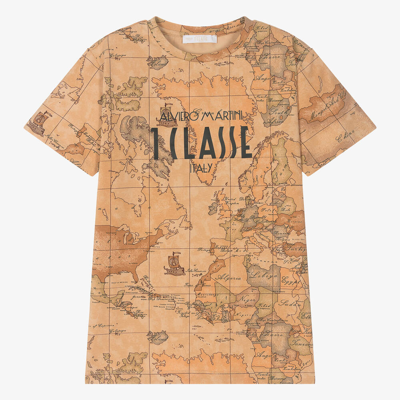 Alviero Martini Teen Boys Dark Beige Geo Map Cotton T-shirt