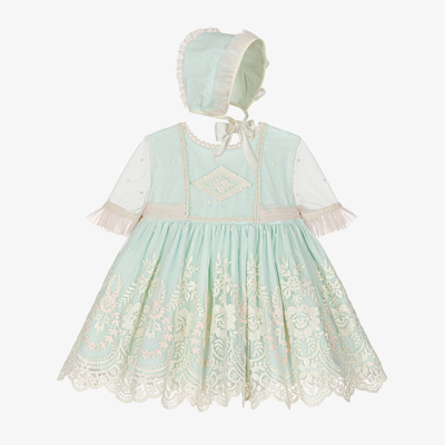 Abuela Tata Babies' Girls Green Floral Embroidered Dress Set