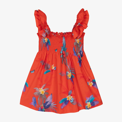 Lapin House Babies' Girls Red Cotton Tropical Flowers Dress