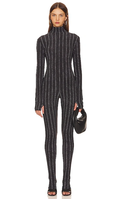 Norma Kamali Long Sleeve Turtle Catsuit With Footie In Woven Pinstripe
