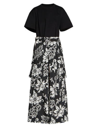 Sacai Floral-print Flap-pocket Cotton Midi Dress In White/black