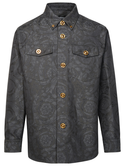 Versace 'barocco' Anthracite Cotton Shirt In Grey