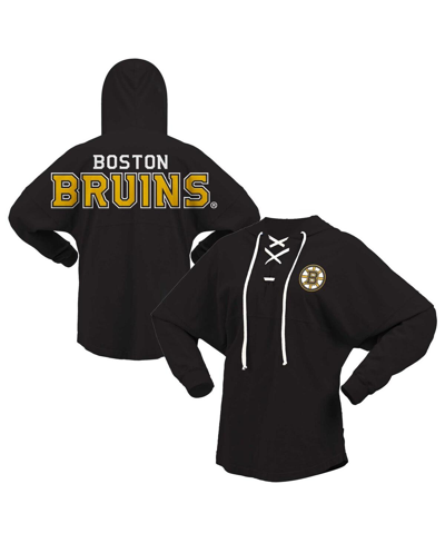FANATICS WOMEN'S FANATICS BLACK BOSTON BRUINS JERSEY LACE-UP V-NECK LONG SLEEVE HOODIE T-SHIRT