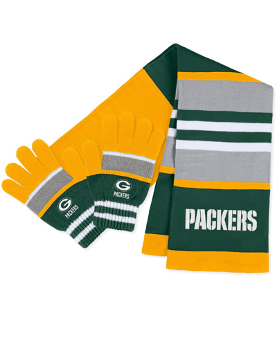 Wear By Erin Andrews Women's  Green Bay Packers Stripe Glove And Scarf Set In Yellow,green
