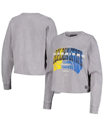 The Wild Collective Women's  Gray Distressed Golden State Warriors Band Cropped Long Sleeve T-shirt