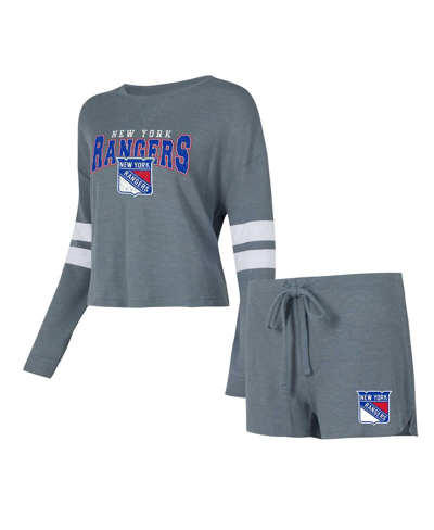 CONCEPTS SPORT WOMEN'S CONCEPTS SPORT GRAY DISTRESSED NEW YORK RANGERS MEADOWÂ LONG SLEEVE T-SHIRT AND SHORTS SLEEP