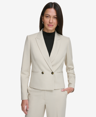 Dkny Petite Double-breasted Cropped Blazer In Pebble
