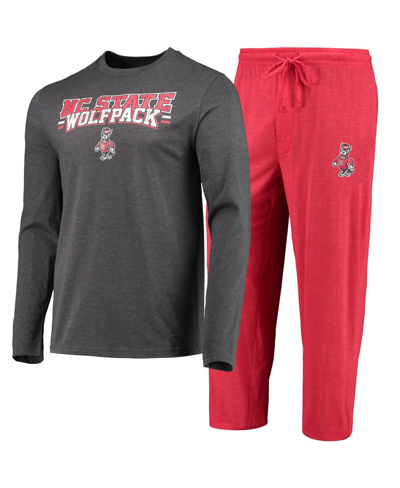 Concepts Sport Men's  Red, Heathered Charcoal Distressed Nc State Wolfpack Meter Long Sleeve T-shirt In Red,heathered Charcoal