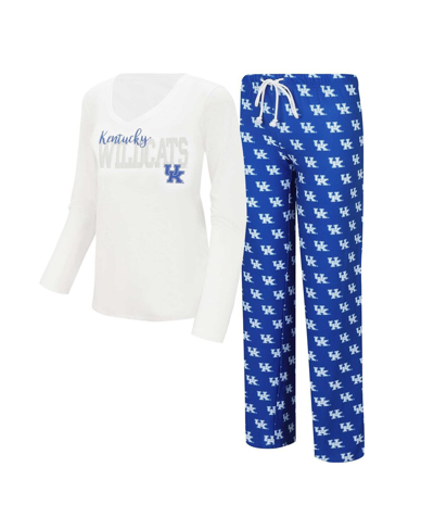 CONCEPTS SPORT WOMEN'S CONCEPTS SPORT WHITE, ROYAL KENTUCKY WILDCATS LONG SLEEVE V-NECK T-SHIRT AND GAUGE PANTS SLE