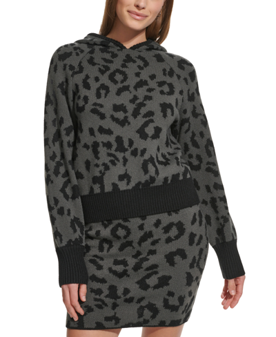 Dkny Jeans Women's Hooded Animal-print Pullover Sweater In Granite,black