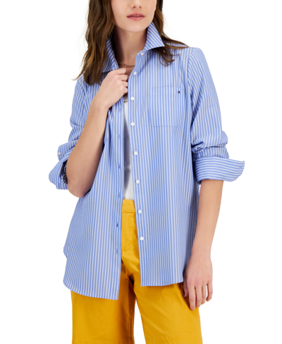 Tommy Hilfiger Women's Striped Utility Shirt In French Blue,bright White