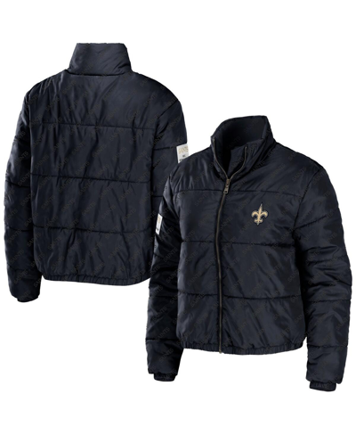 Wear By Erin Andrews Women's  Black New Orleans Saints Puffer Full-zip Cropped Jacket