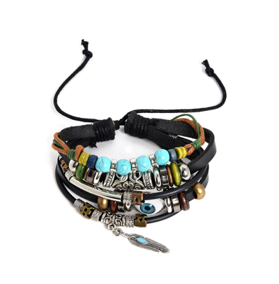 SOHI WOMEN'S BLACK BOHO LEATHER STACK BRACELET
