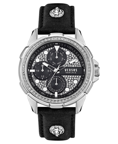 Versus 6e Arrondissement Crystal Multifunction Leather Strap Watch, 46mm In Black