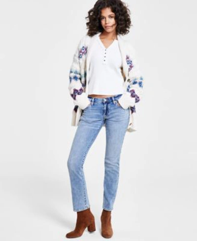 Lucky Brand Womens Printed Shawl Collar Sweater Waffle Knit Raw Edge Henley Top Straight Leg Denim Jeans In Whisper White Combo