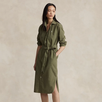 Ralph Lauren Belted Cotton Oxford Shirtdress In Olive