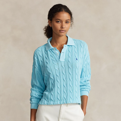 Ralph Lauren Cable Cotton Long-sleeve Polo Shirt In Turquoise Nova