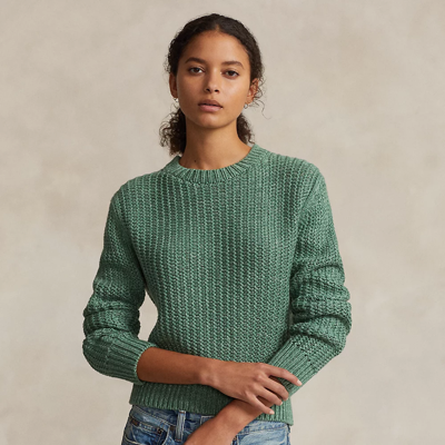 Ralph Lauren Openwork Cotton-blend Crewneck Sweater In Fairway Green Marl