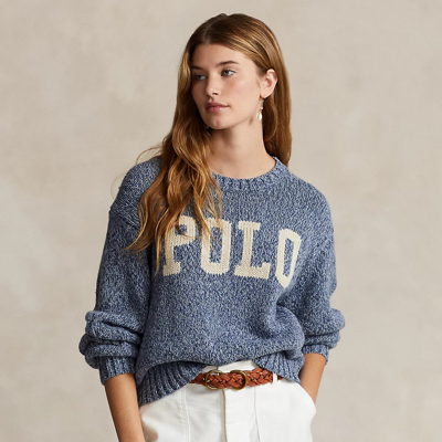 Ralph Lauren Logo Cotton Crewneck Sweater In Denim Marl