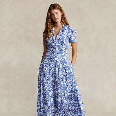 Ralph Lauren Floral Crepe Short-sleeve Dress In Blue Cosmos Floral