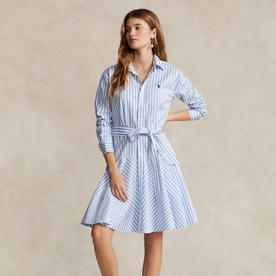 Ralph Lauren Striped Cotton Paneled Shirtdress In White/light Blue