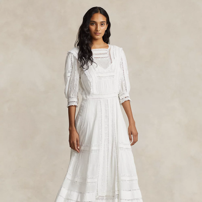 Ralph Lauren Lace-trim Cotton Voile Dress In Antique White