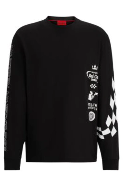 Hugo Cotton-jersey T-shirt With Racing-inspired Prints In Black