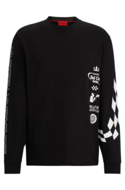 Hugo Boss Cotton-jersey T-shirt With Racing-inspired Prints In Black