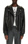 Balmain Black Leather Biker Jacket With Embossed Inserts In Black