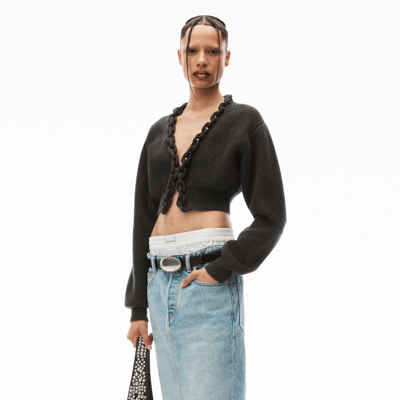 Alexander Wang Cropped Chain-embellished Wool And Cashmere-blend Cardigan In Charcoal Melange